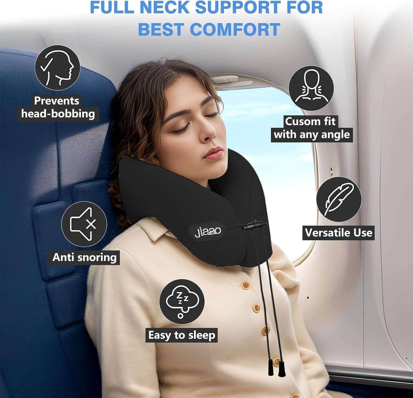 Neck Pillow Airplane with 360-Degree Head Support, Memory Foam 2-in-1 Travel Pillow, Portable Adjustable Neck Pillow for Airplane, Car, Train, Bus Trip and Home