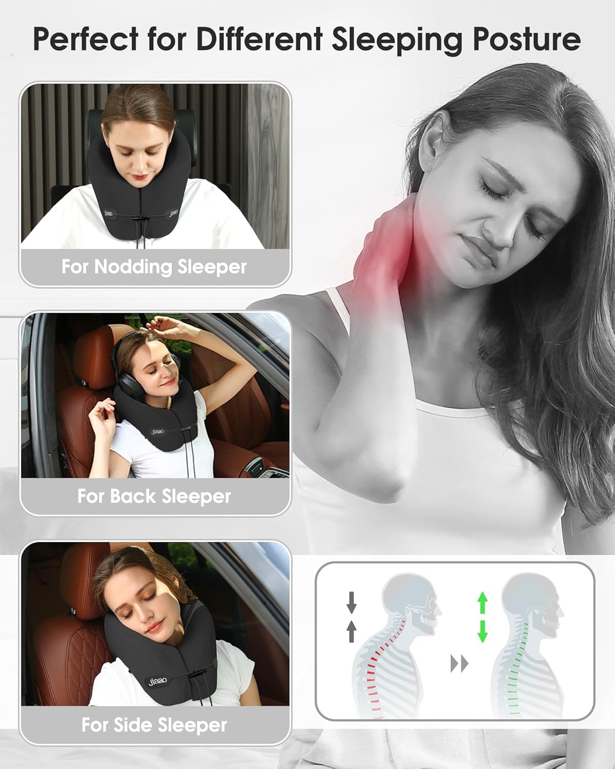 Neck Pillow Airplane with 360-Degree Head Support, Memory Foam 2-in-1 Travel Pillow, Portable Adjustable Neck Pillow for Airplane, Car, Train, Bus Trip and Home