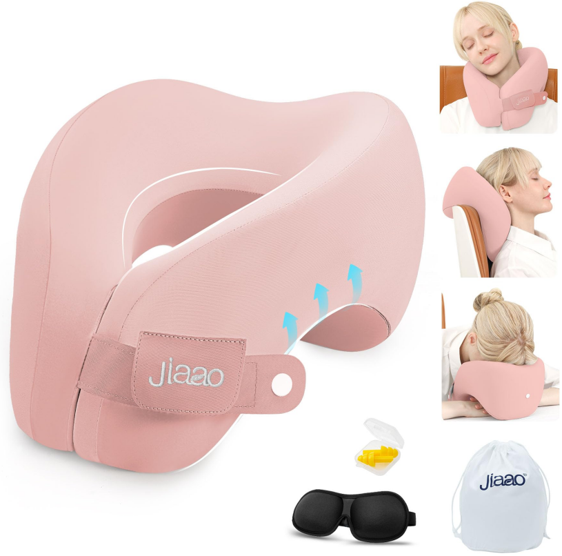 Travel Neck Pillow, Advanced Neck Support for International Flights, 3D Eye Masks, Ear Plugs and Storage Bag, Memory Foam U-Shaped Pillow for Travel, Sleep Rest, Trains, Road Trips