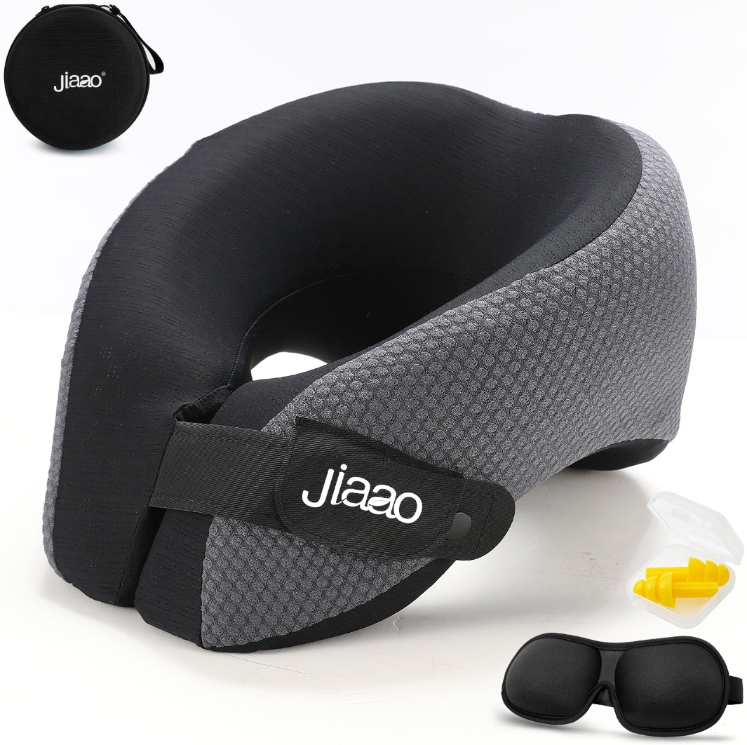 Travel Neck Pillow, Advanced Neck Support for International Flights, 3D Eye Masks, Ear Plugs and Storage Bag, Memory Foam U-Shaped Pillow for Travel, Sleep Rest, Trains, Road Trips